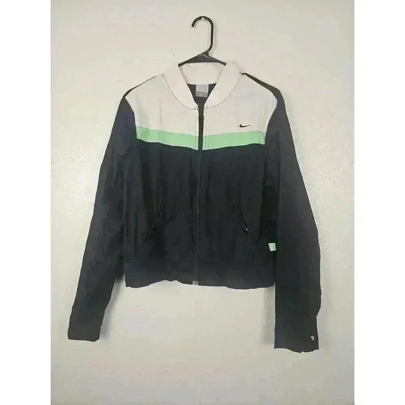 Nike Black White Green Zip Up Play Up Track Jacket Womens Large - Picture 1 of 9